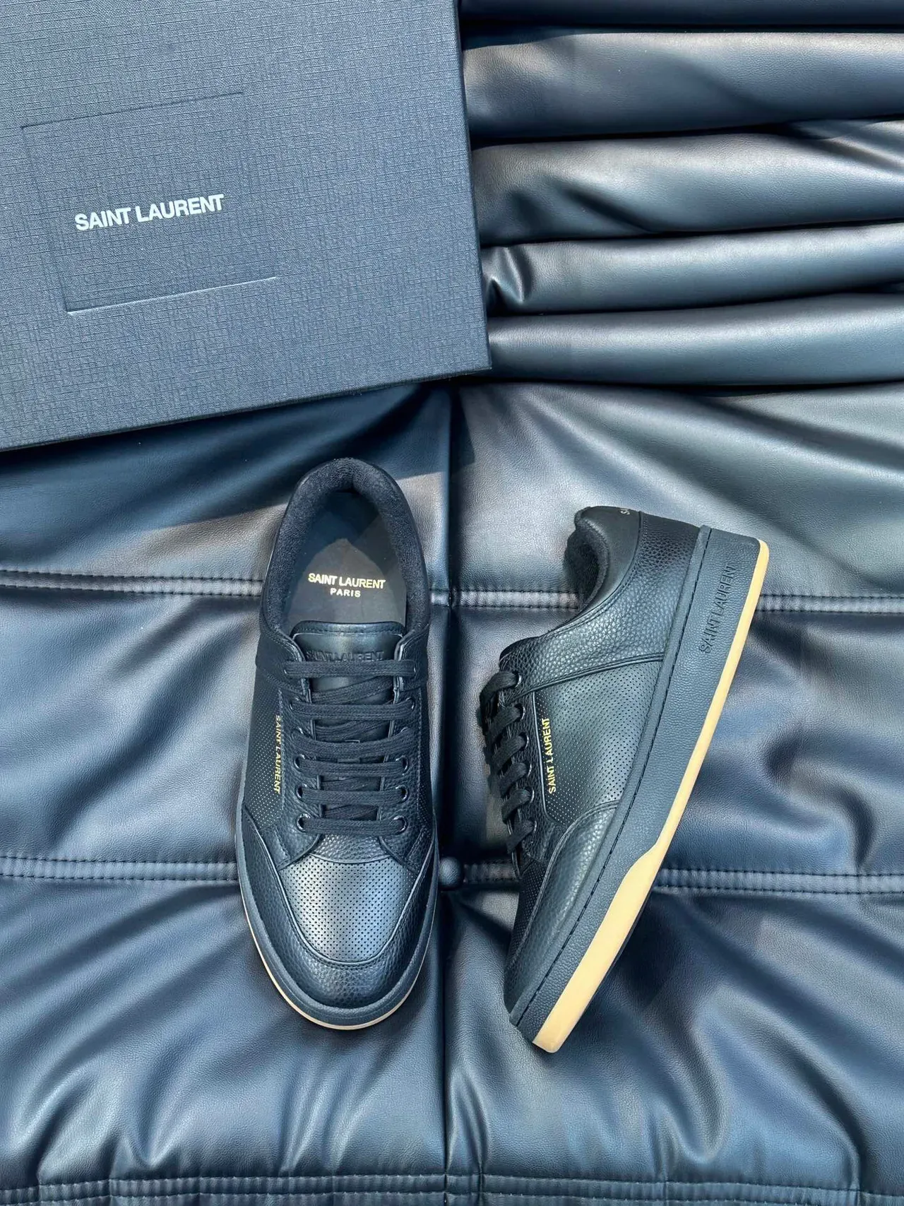 Saint Laurent Black Beige Leather Perforated Panel Lifestyle Sneakers 3