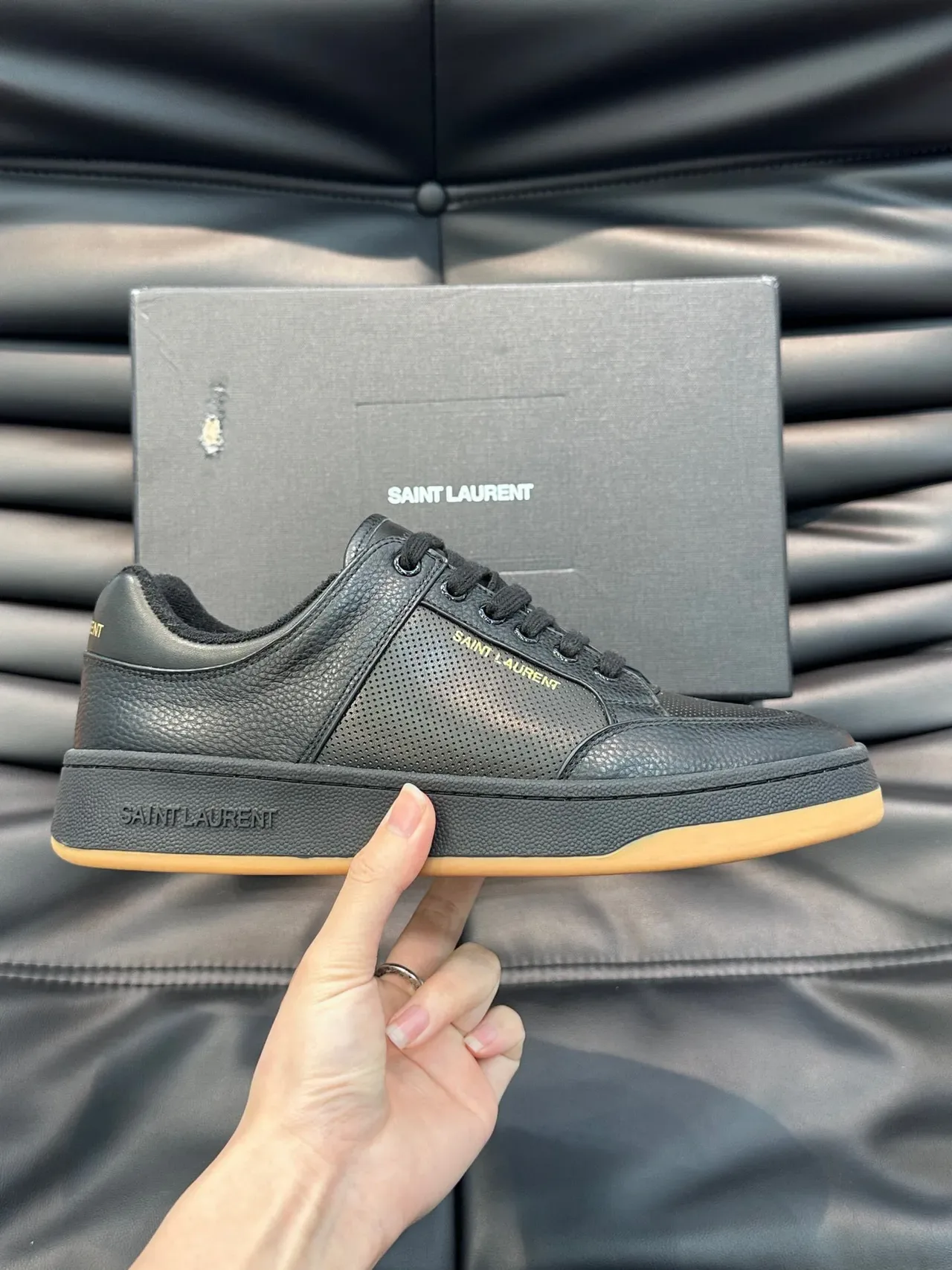 Saint Laurent Black Beige Leather Perforated Panel Lifestyle Sneakers 4