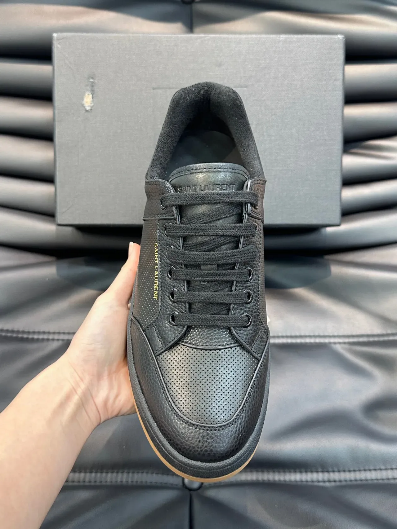 Saint Laurent Black Beige Leather Perforated Panel Lifestyle Sneakers 5