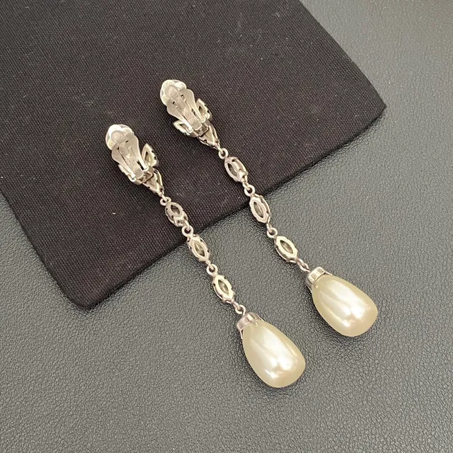 Saint Laurent Pearl and Crystal Teardrop Drop Earrings 4
