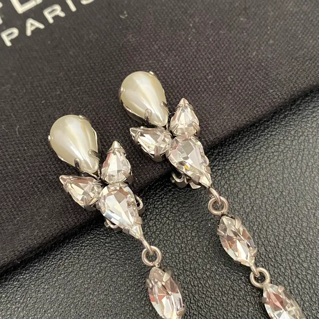 Saint Laurent Pearl and Crystal Teardrop Drop Earrings 6