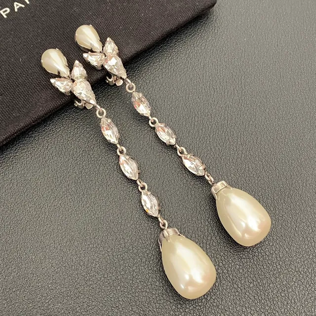 Saint Laurent Pearl and Crystal Teardrop Drop Earrings 7