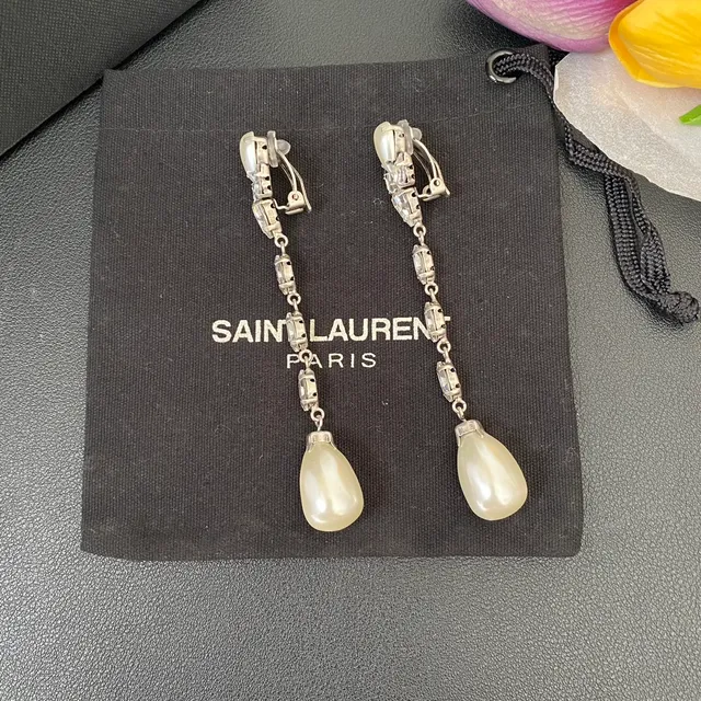 Saint Laurent Pearl and Crystal Teardrop Drop Earrings 8