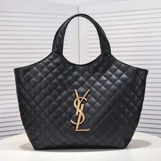 Saint Laurent Quilted Diamond-Stitch Tote Black Gold YSL Logo Tote Bag