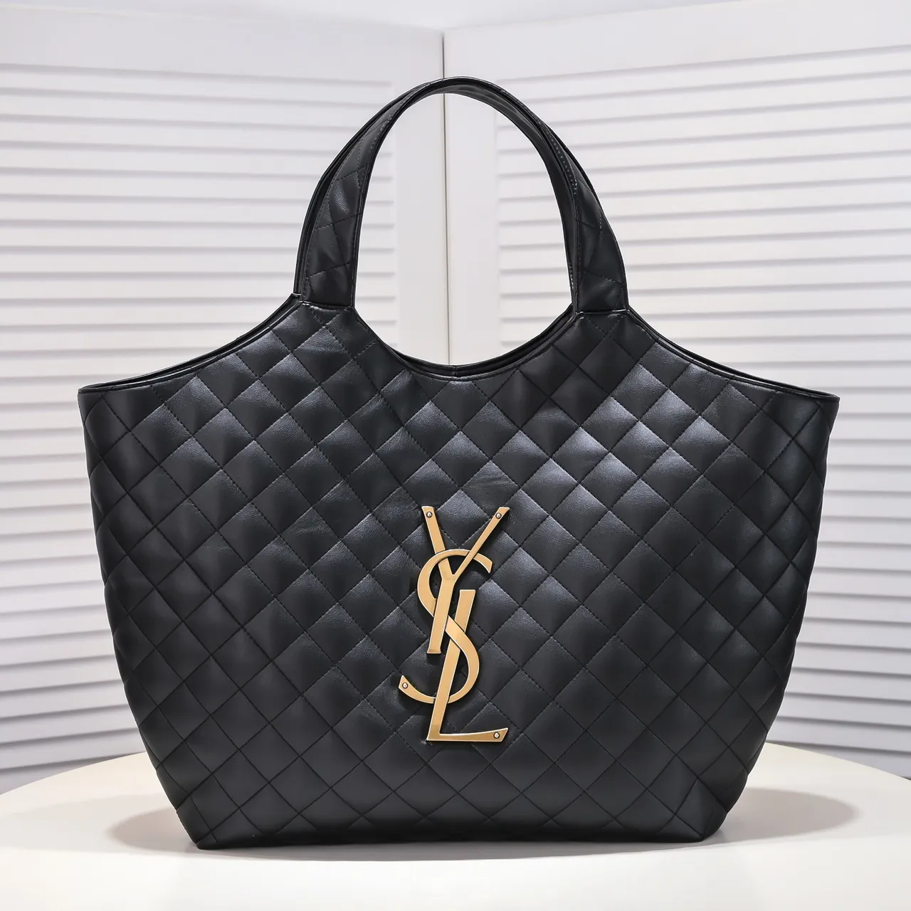 Saint Laurent Quilted Diamond-Stitch Tote Black Gold YSL Logo Tote Bag 6