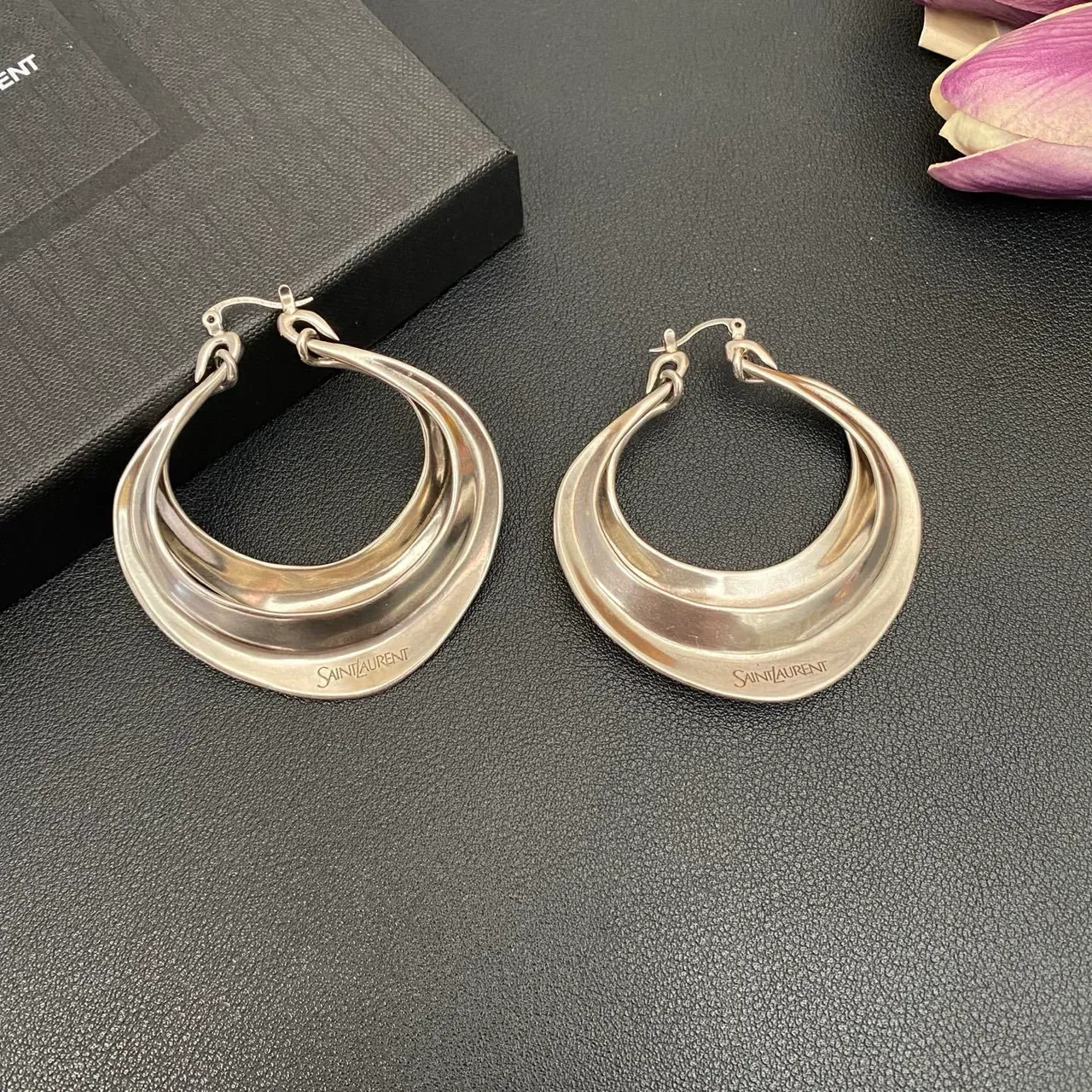 Saint Laurent Silver Triple-Layered Asymmetrical Hoop Earrings 3