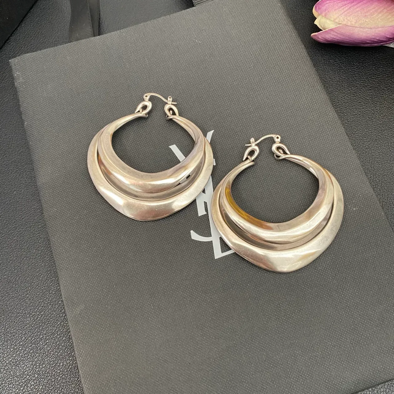 Saint Laurent Silver Triple-Layered Asymmetrical Hoop Earrings 4