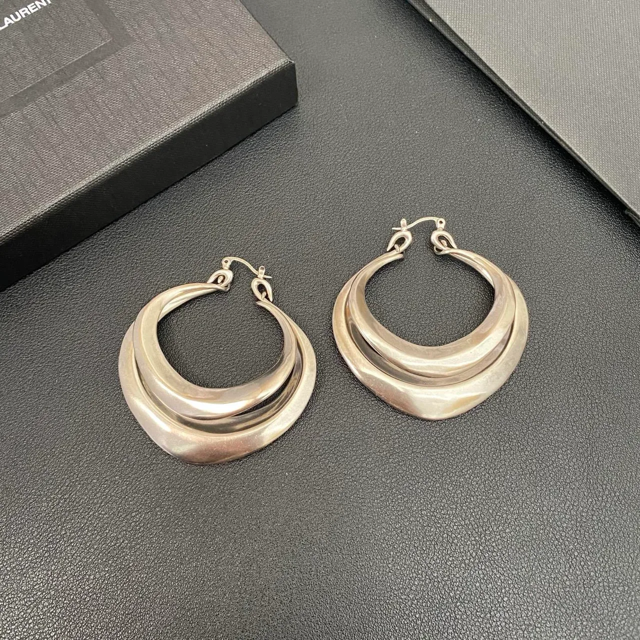 Saint Laurent Silver Triple-Layered Asymmetrical Hoop Earrings 5
