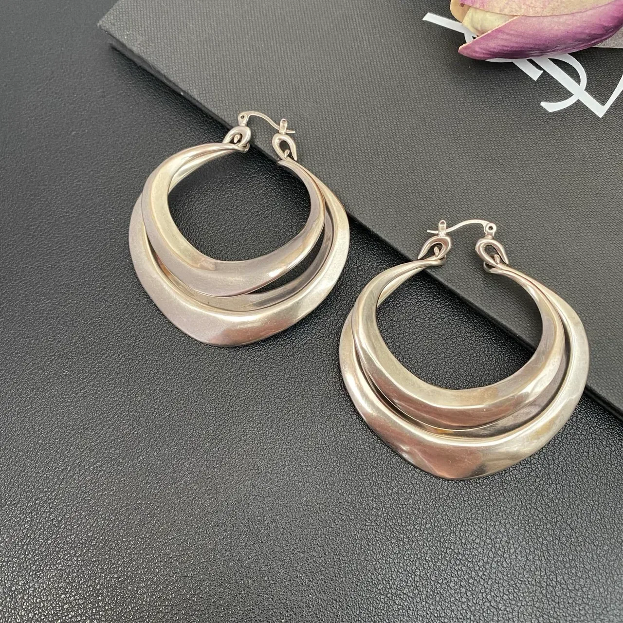 Saint Laurent Silver Triple-Layered Asymmetrical Hoop Earrings 7