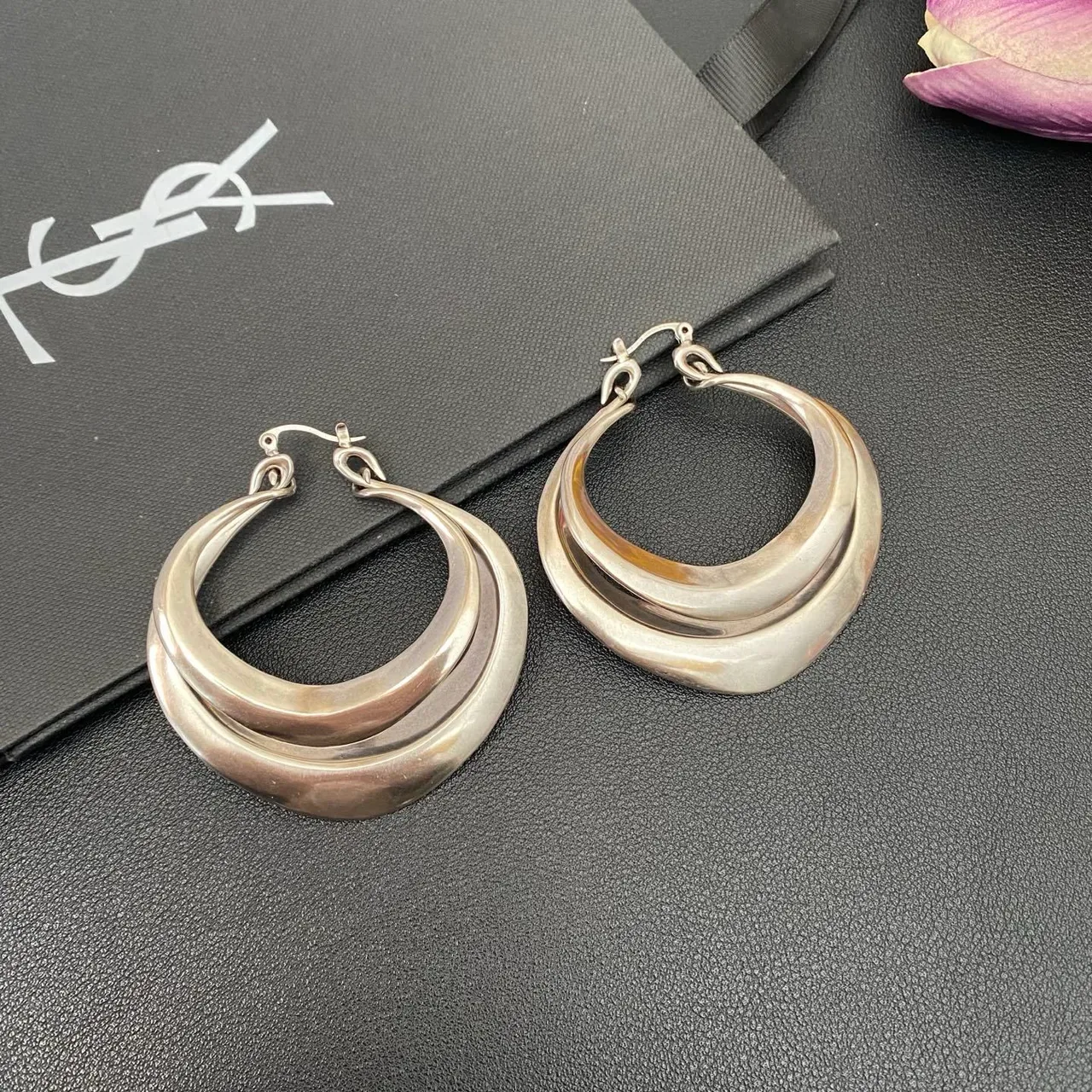 Saint Laurent Silver Triple-Layered Asymmetrical Hoop Earrings 8