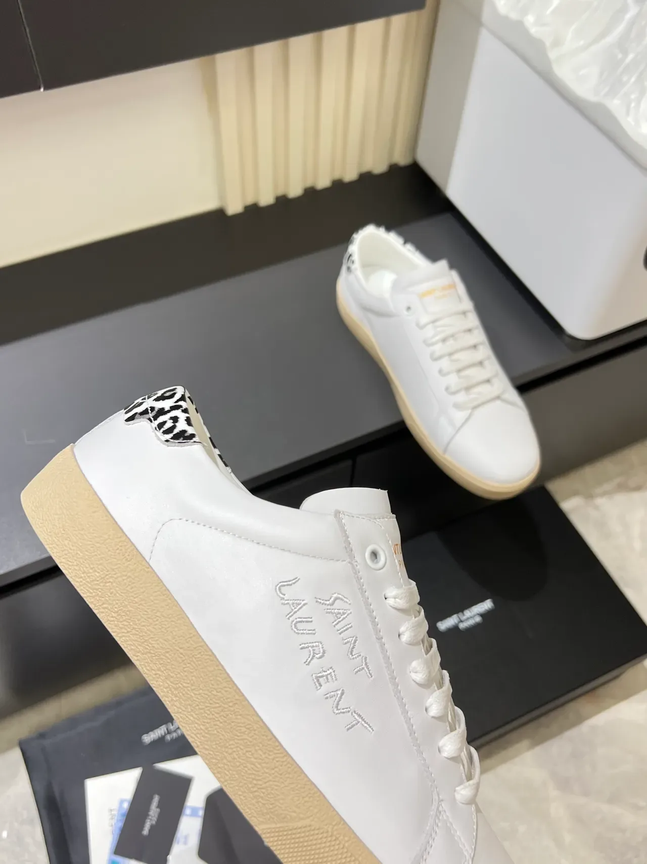 Saint Laurent White Beige Leather Upper Embossed Branding Lifestyle Sneakers 3