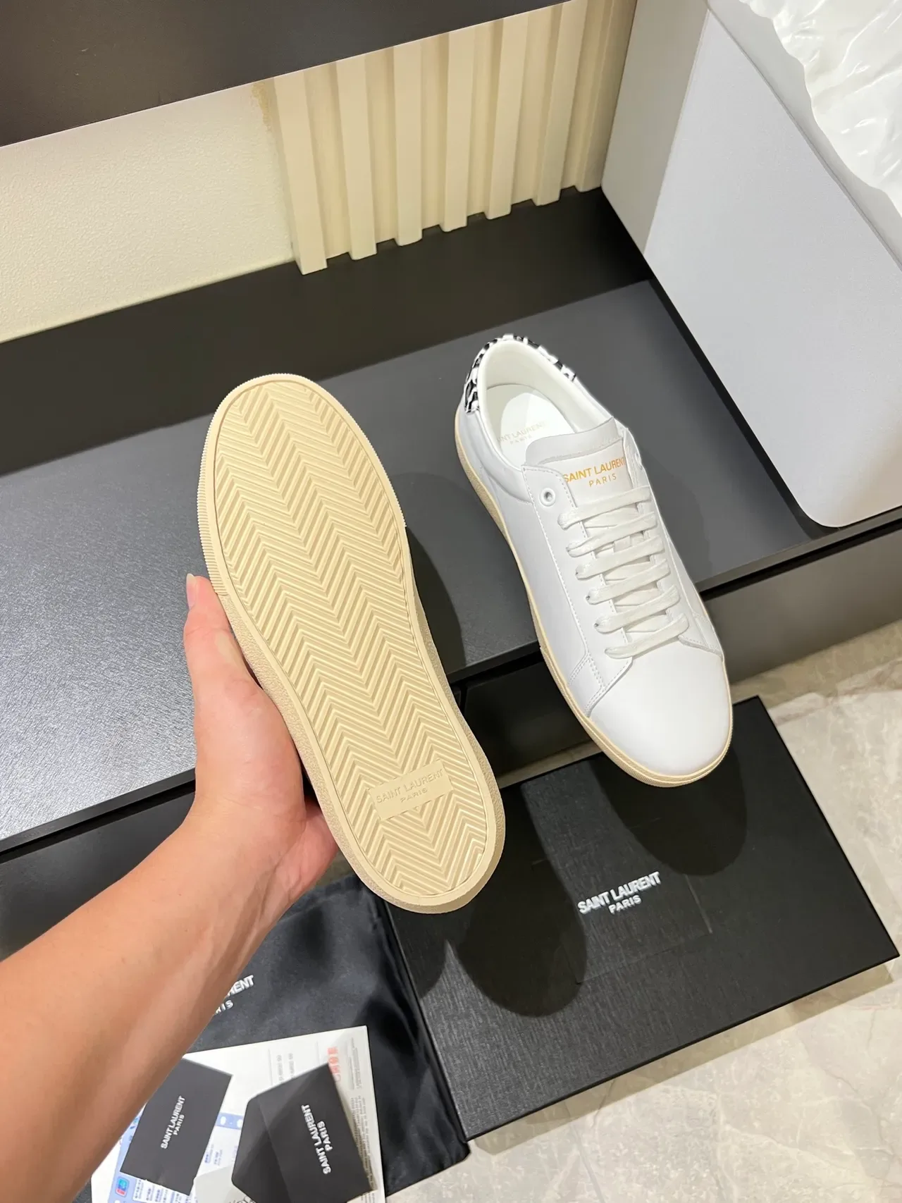 Saint Laurent White Beige Leather Upper Embossed Branding Lifestyle Sneakers 4