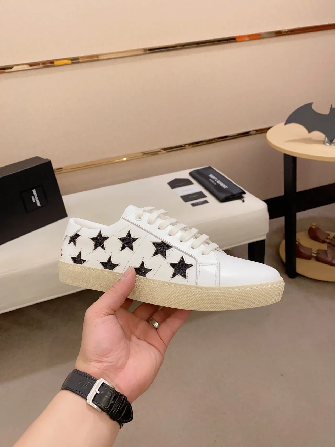 Saint Laurent Blanc Noir Cuir Étoiles Glitter Lifestyle Sneakers 7