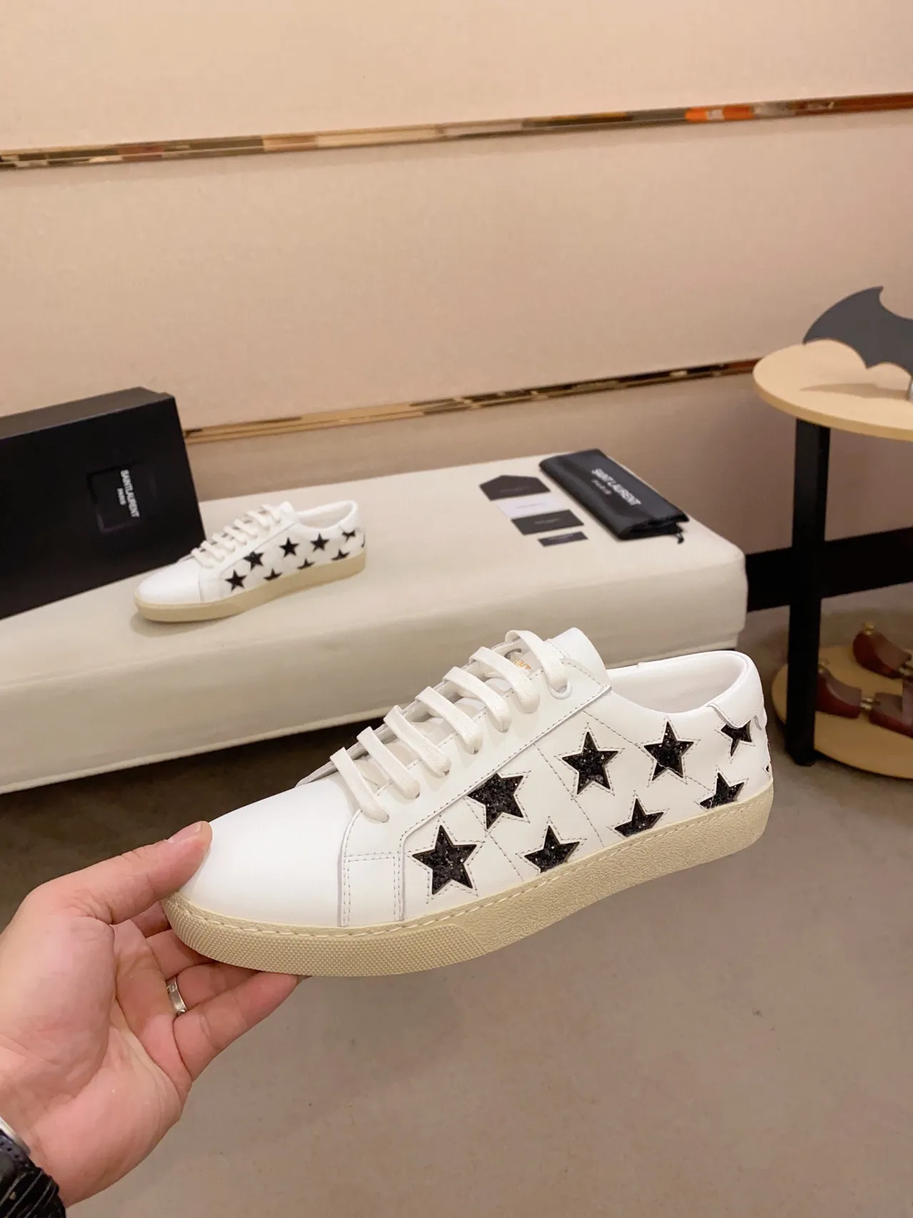 Saint Laurent Blanc Noir Cuir Étoiles Glitter Lifestyle Sneakers 8