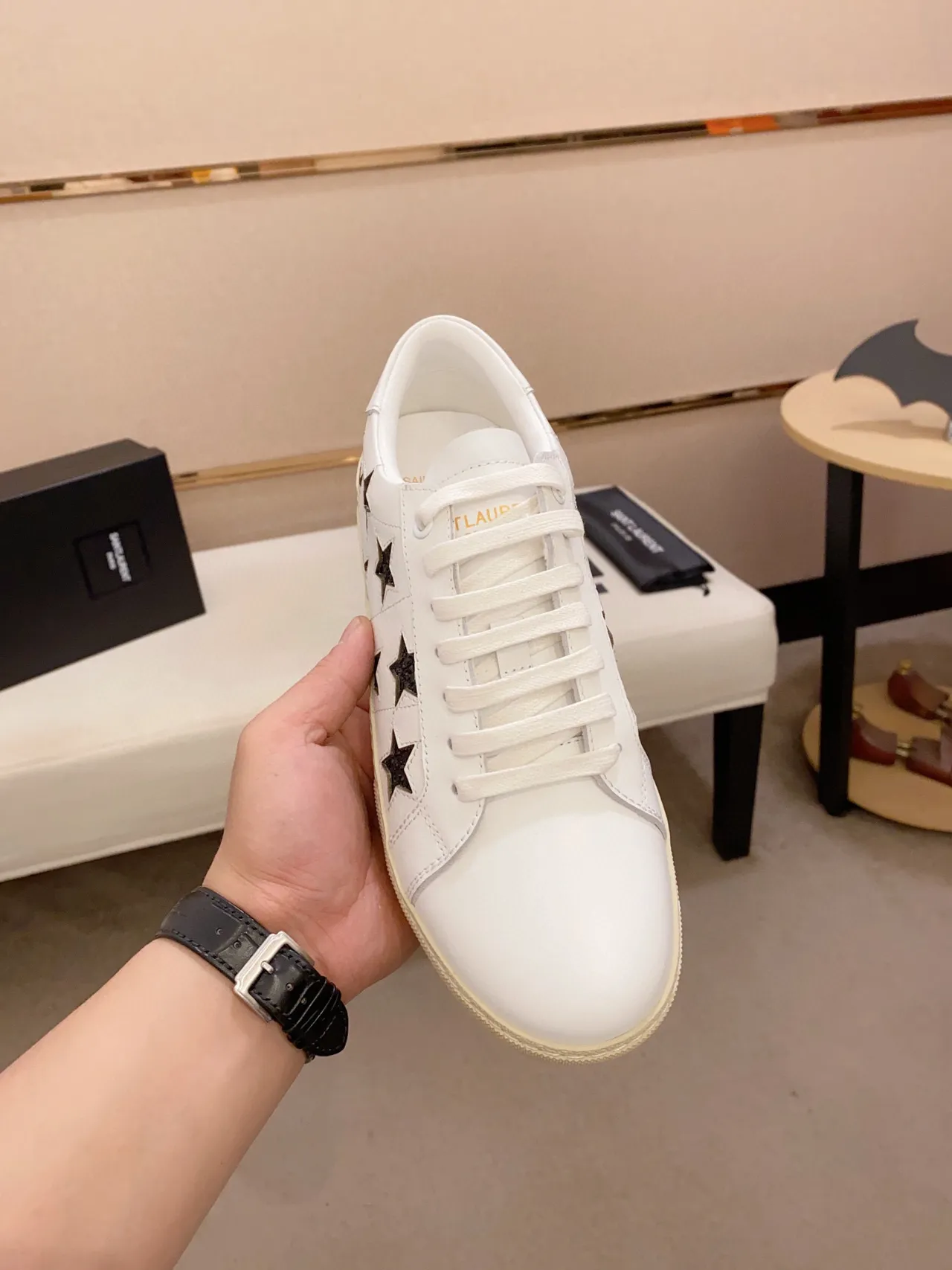 Saint Laurent Blanc Noir Cuir Étoiles Glitter Lifestyle Sneakers 9