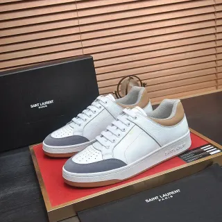 Saint Laurent White Gray Leather-Paneled Perforated Toe Lifestyle Sneakers