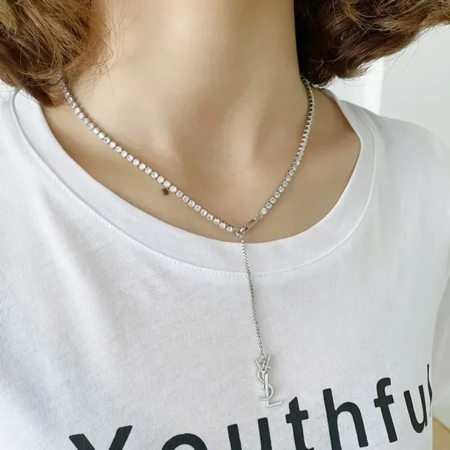 قلادة سلسلة سانت لوران YSL فضي أبيض pave-set حجر قفل مونوغرام 2