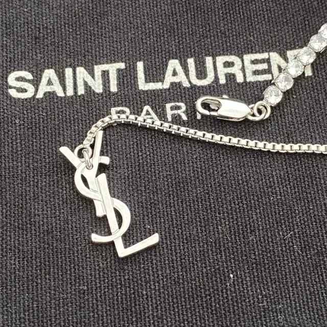 قلادة سلسلة سانت لوران YSL فضي أبيض pave-set حجر قفل مونوغرام 5
