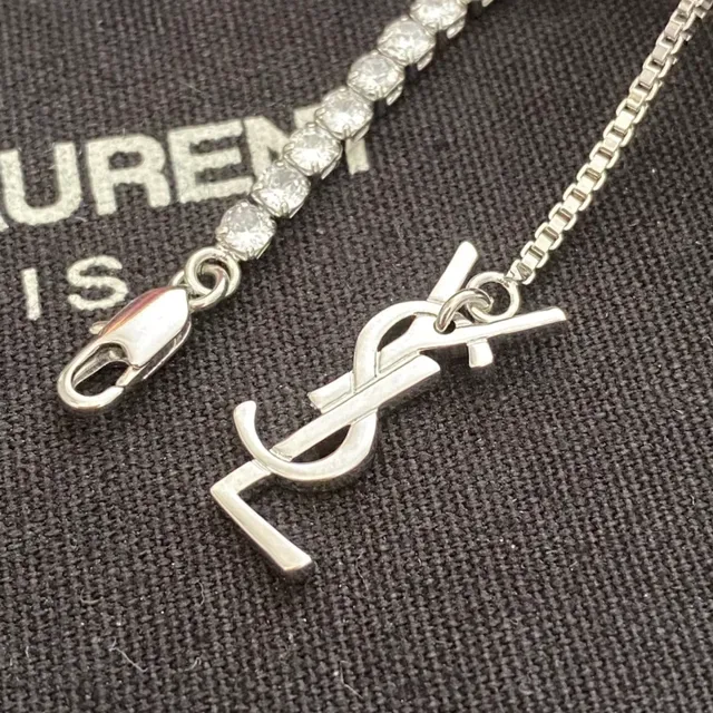 قلادة سلسلة سانت لوران YSL فضي أبيض pave-set حجر قفل مونوغرام 6