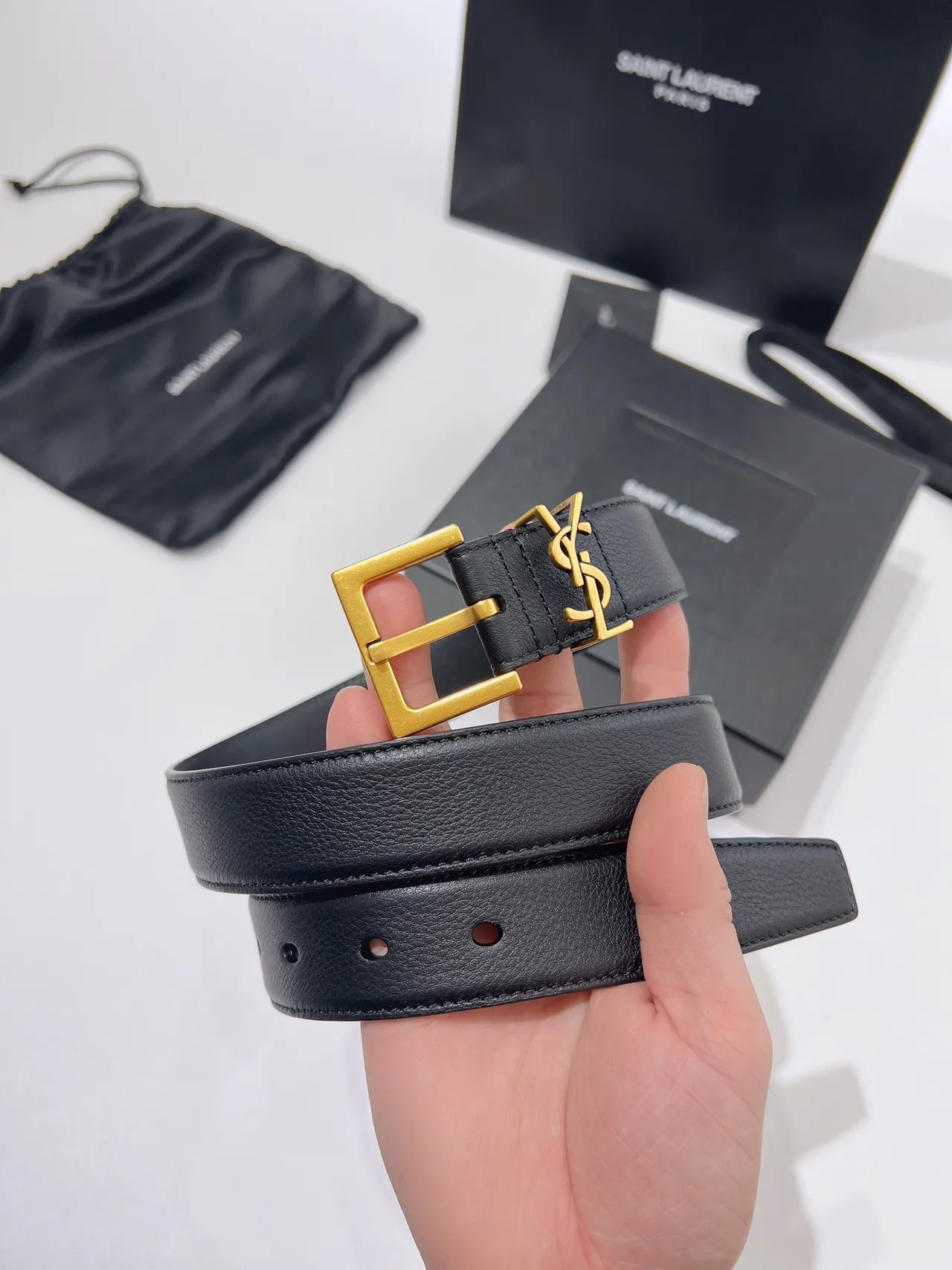 Saint Laurent YSL Ceinture Monogramme Noir Or Boucle Pebbled Cuir Ceinture 2