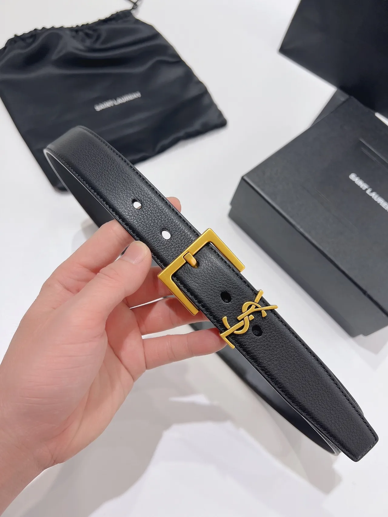 Saint Laurent YSL Ceinture Monogramme Noir Or Boucle Pebbled Cuir Ceinture 6