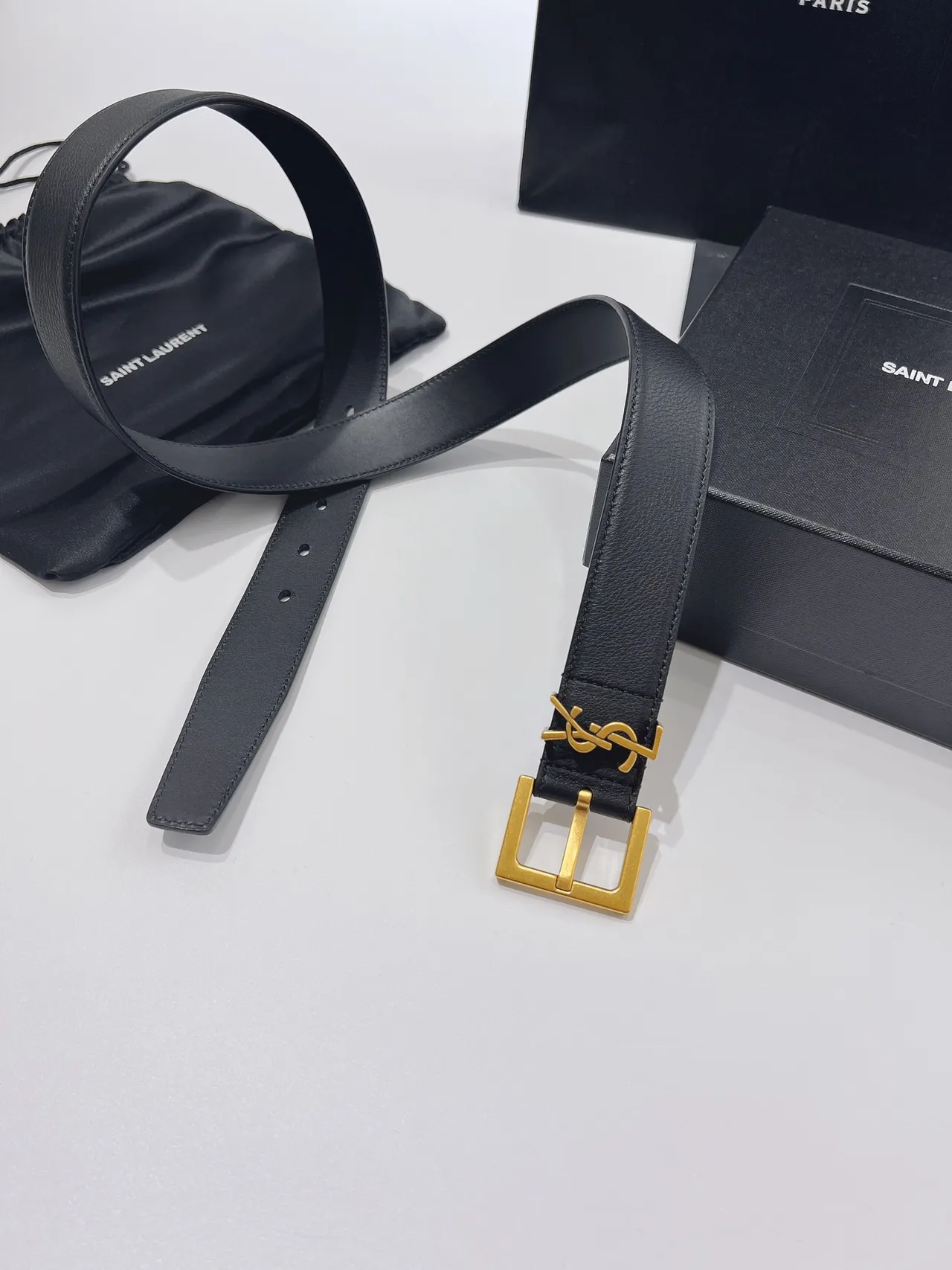 Saint Laurent YSL Ceinture Monogramme Noir Or Boucle Pebbled Cuir Ceinture 8