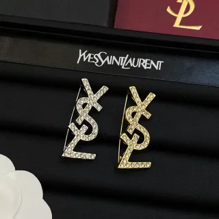 Saint Laurent YSL broche con monograma en plata y oro con cristales incrustados