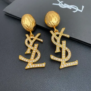 Saint Laurent YSL Monogram Pavé Crystal Gold Dangling Earrings