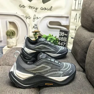 Salomon Gray Black Asymmetric Lacing TPU Cage Overlay Running Shoes