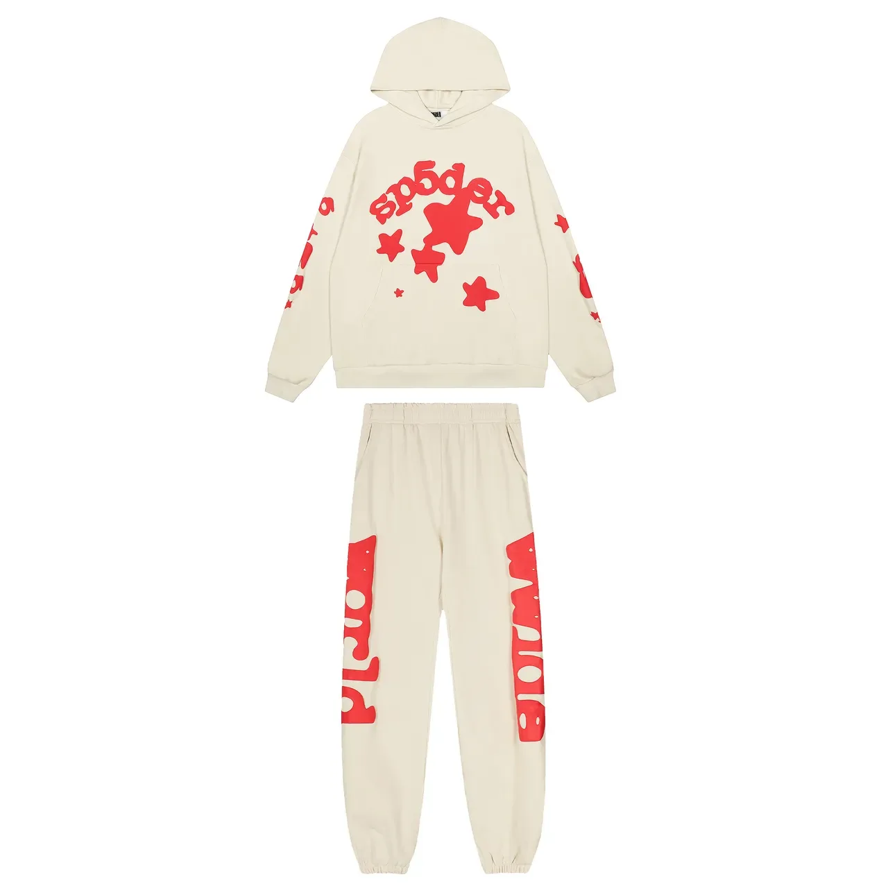 Sp5der Hoodie Oversized Fit Beige Red Gráfico 2