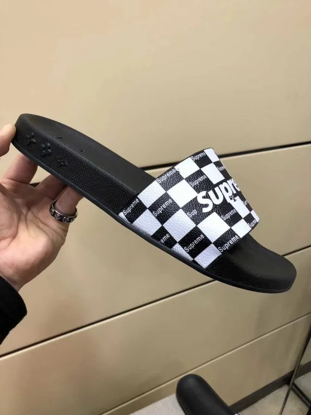 Supreme Slides Black White Checkerboard Strap Repeating Logo Print Slippers 3