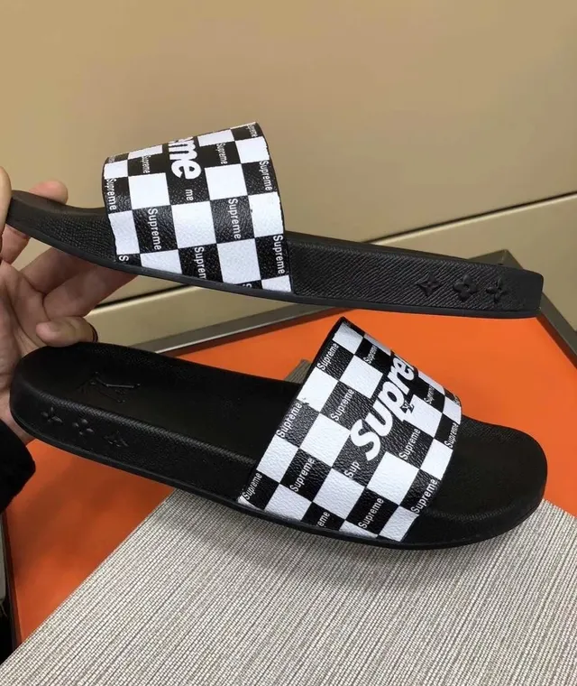 Supreme Slides Black White Checkerboard Strap Repeating Logo Print Slippers 5