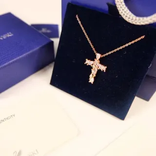 Swarovski Gold Blue Cross-Shaped Pendant Pave-Set Crystals Necklace