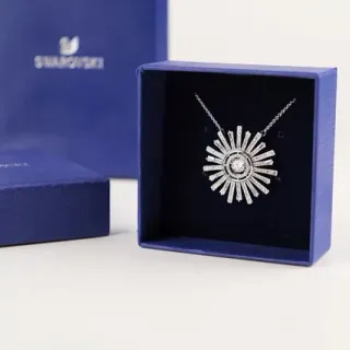 Swarovski Silver Blue Sunburst Radiating Motif Pave-Set Crystals Necklace