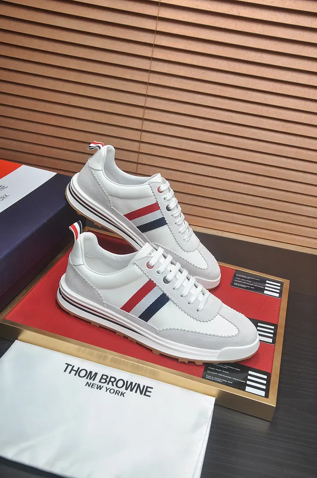 Thom Browne White Gray Low-Top Suede-and-Leather Upper Lifestyle Sneakers 4