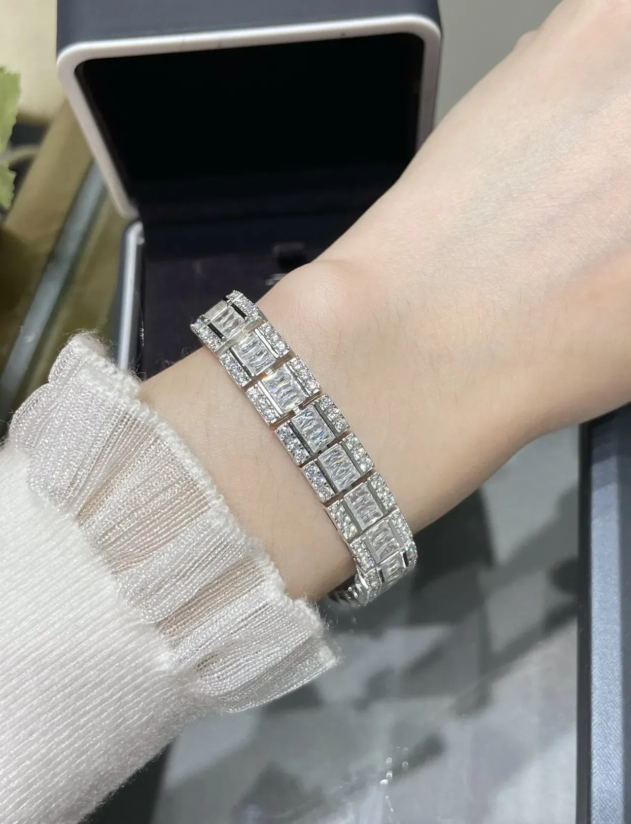 Tiffany & Co. T Collection Silver White Multi-Row Baguette-Cut Bracelet 8