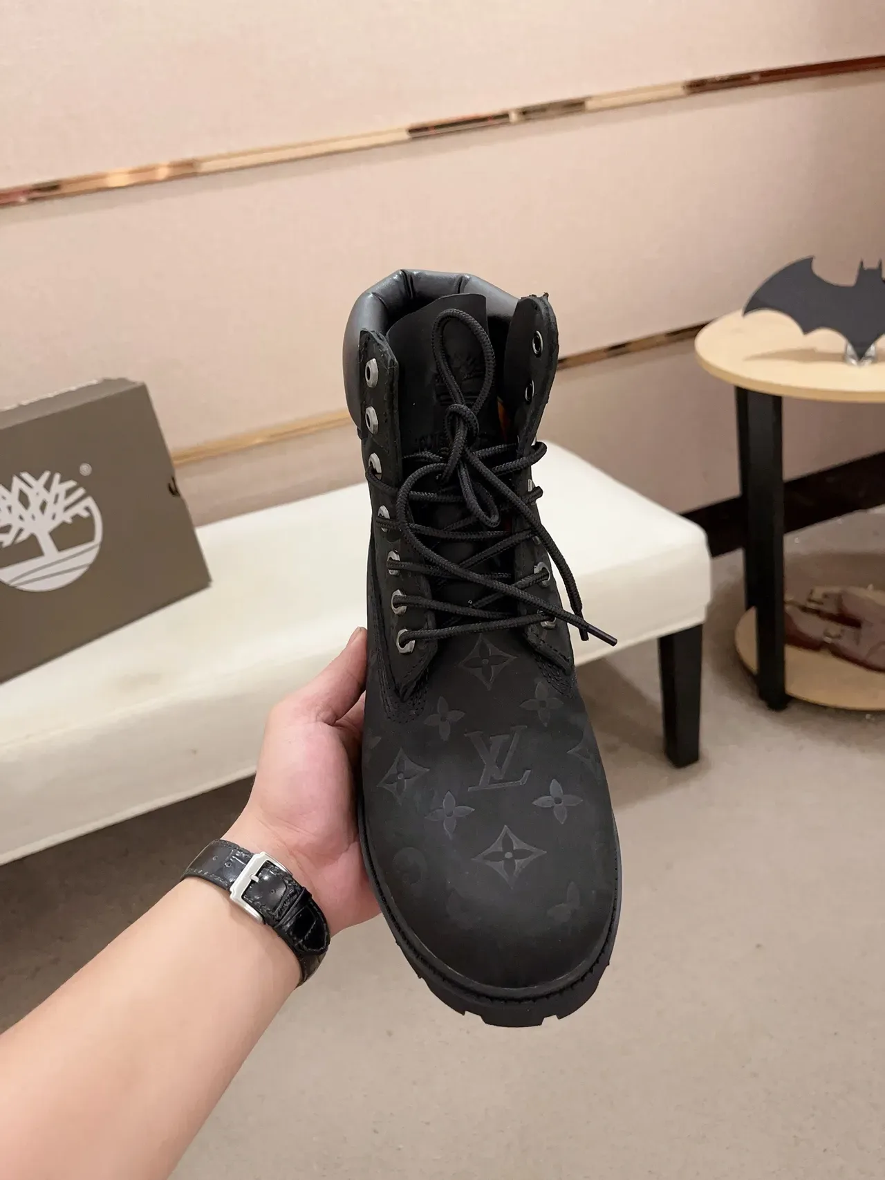 Timberland أحذية عمل سوداء مونوغرام جلد سولة لوغ رغيدة 6