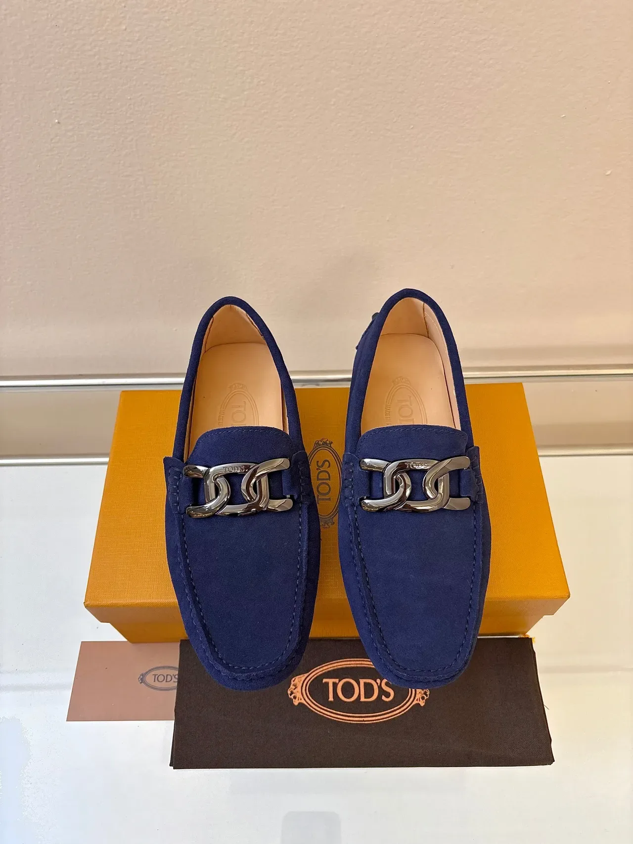 Mocassin Tod's Gommino Navy Beige Daim avec Boucle Métallique Horsebit Buckle 6
