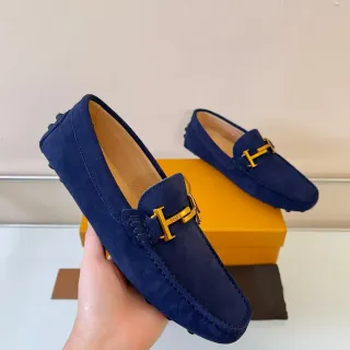 Tod's Gommino Navy Gold Suede Upper H-Bit Hardware Loafer