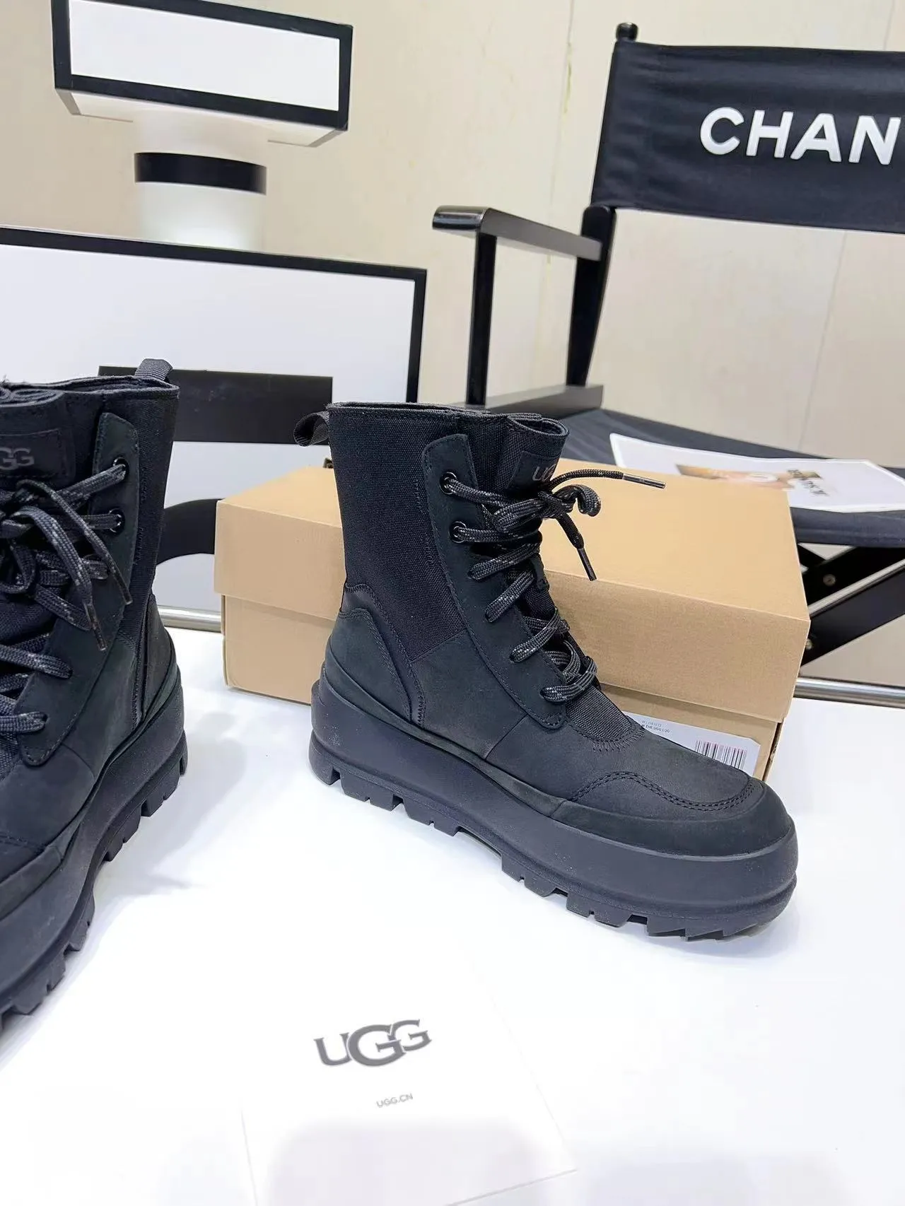 UGG Black Lace-Up Chunky Lug Sole Ankle Boots 5