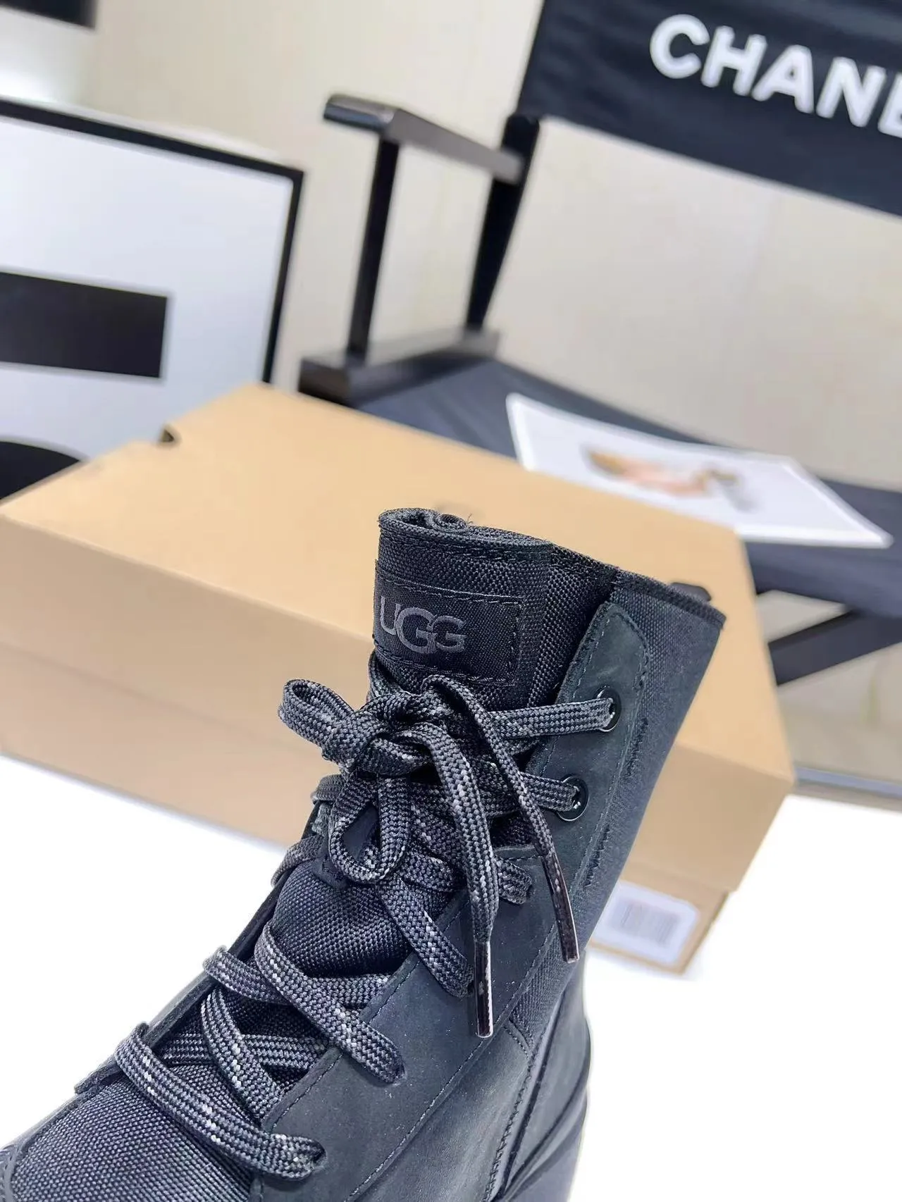 UGG Black Lace-Up Chunky Lug Sole Ankle Boots 6