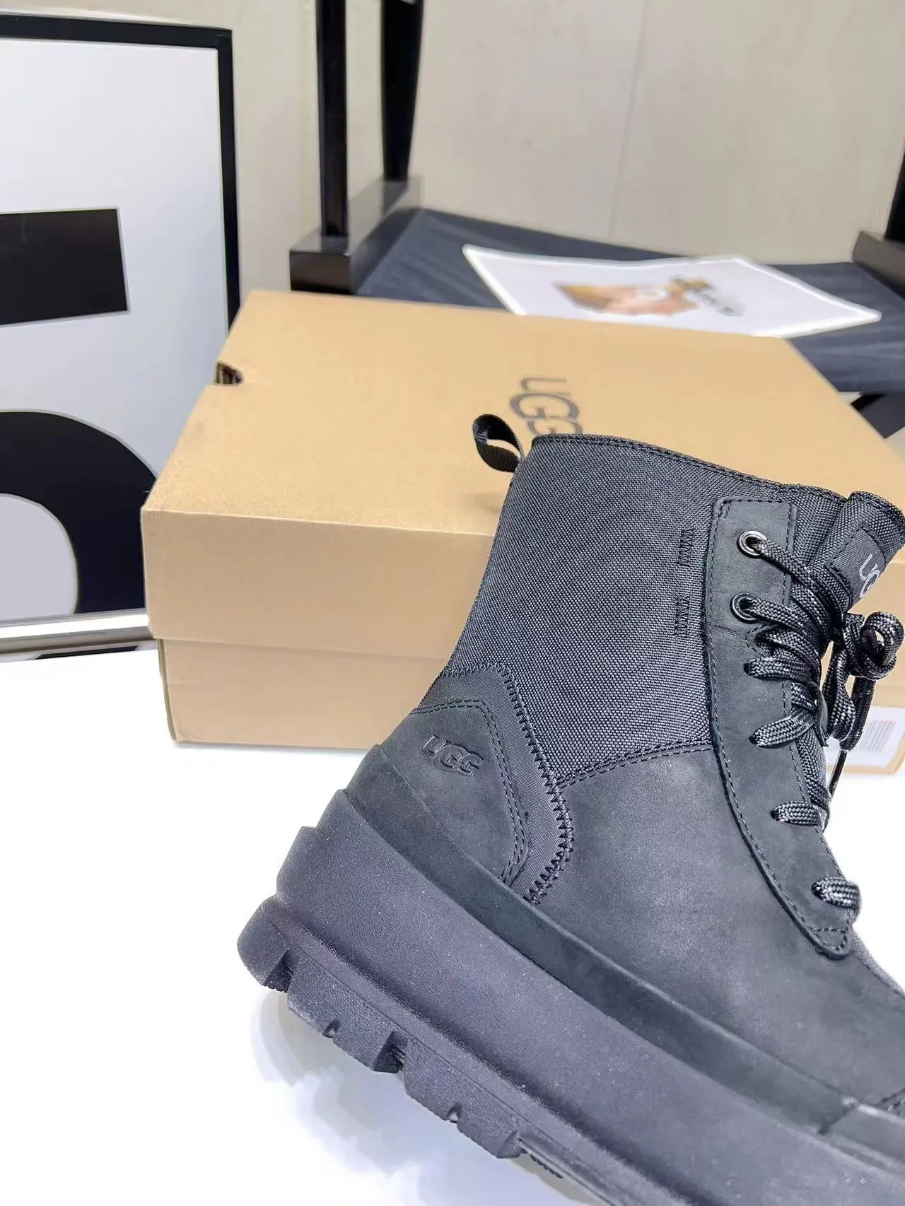 UGG Black Lace-Up Chunky Lug Sole Ankle Boots 7