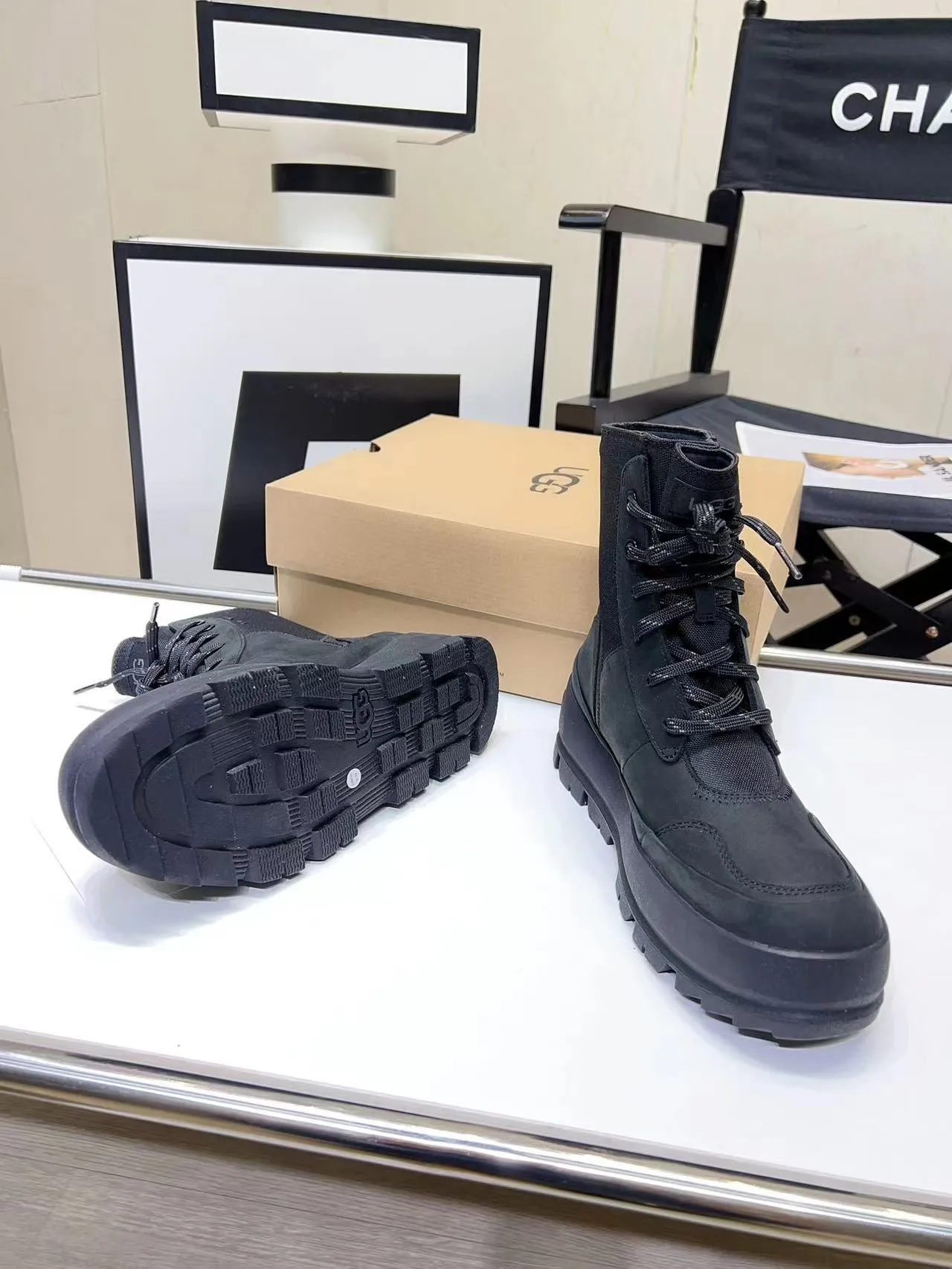 UGG Black Lace-Up Chunky Lug Sole Ankle Boots 8