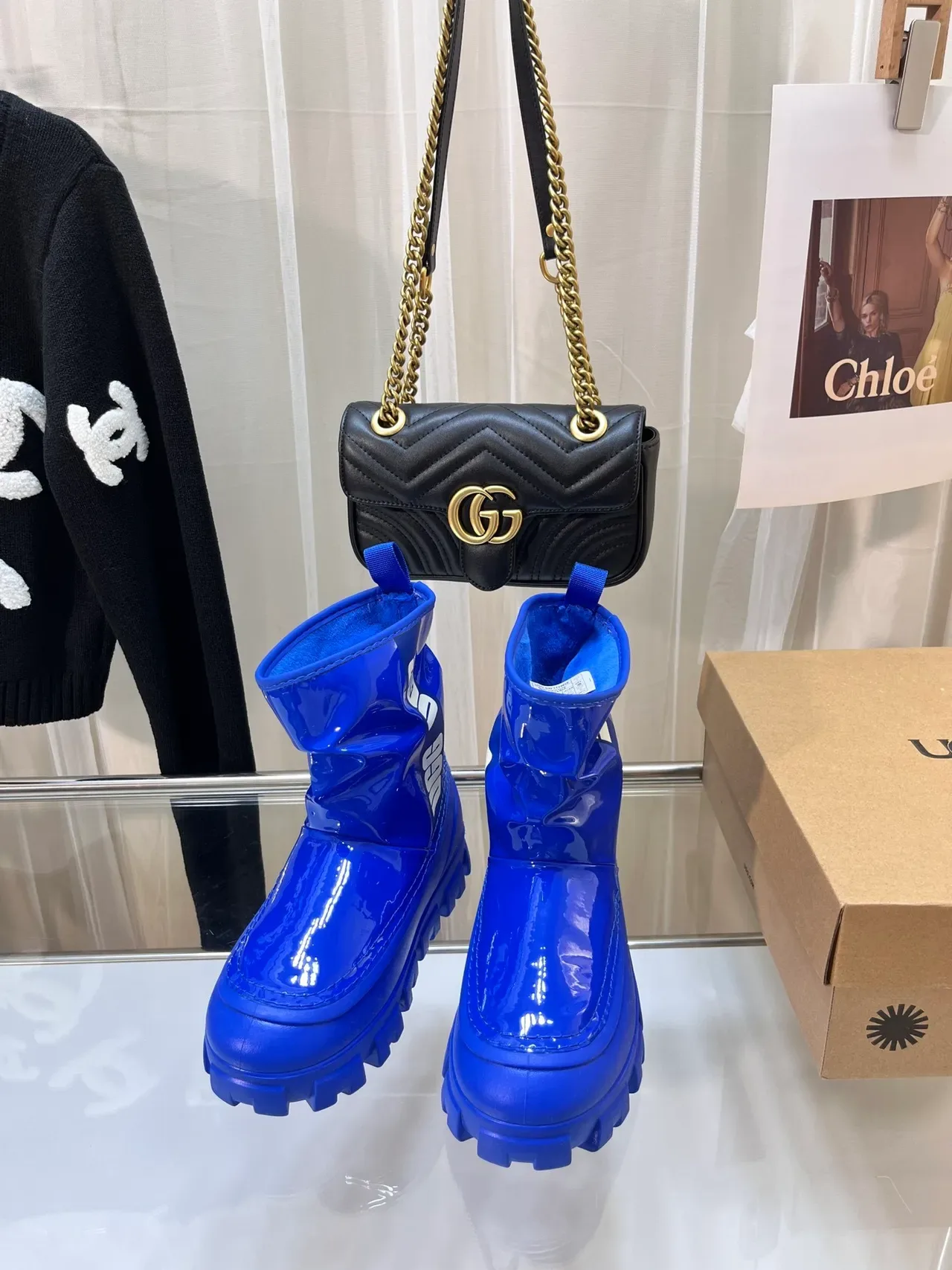 UGG Blue White Glossy Patent Rubber Chunky Lug Sole Snow Boots 2