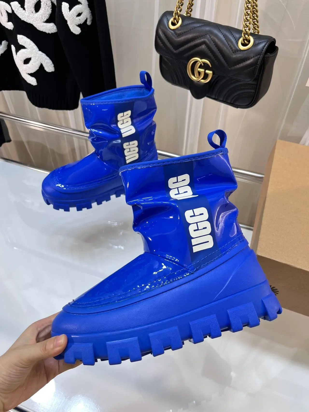 UGG Blue White Glossy Patent Rubber Chunky Lug Sole Snow Boots 3
