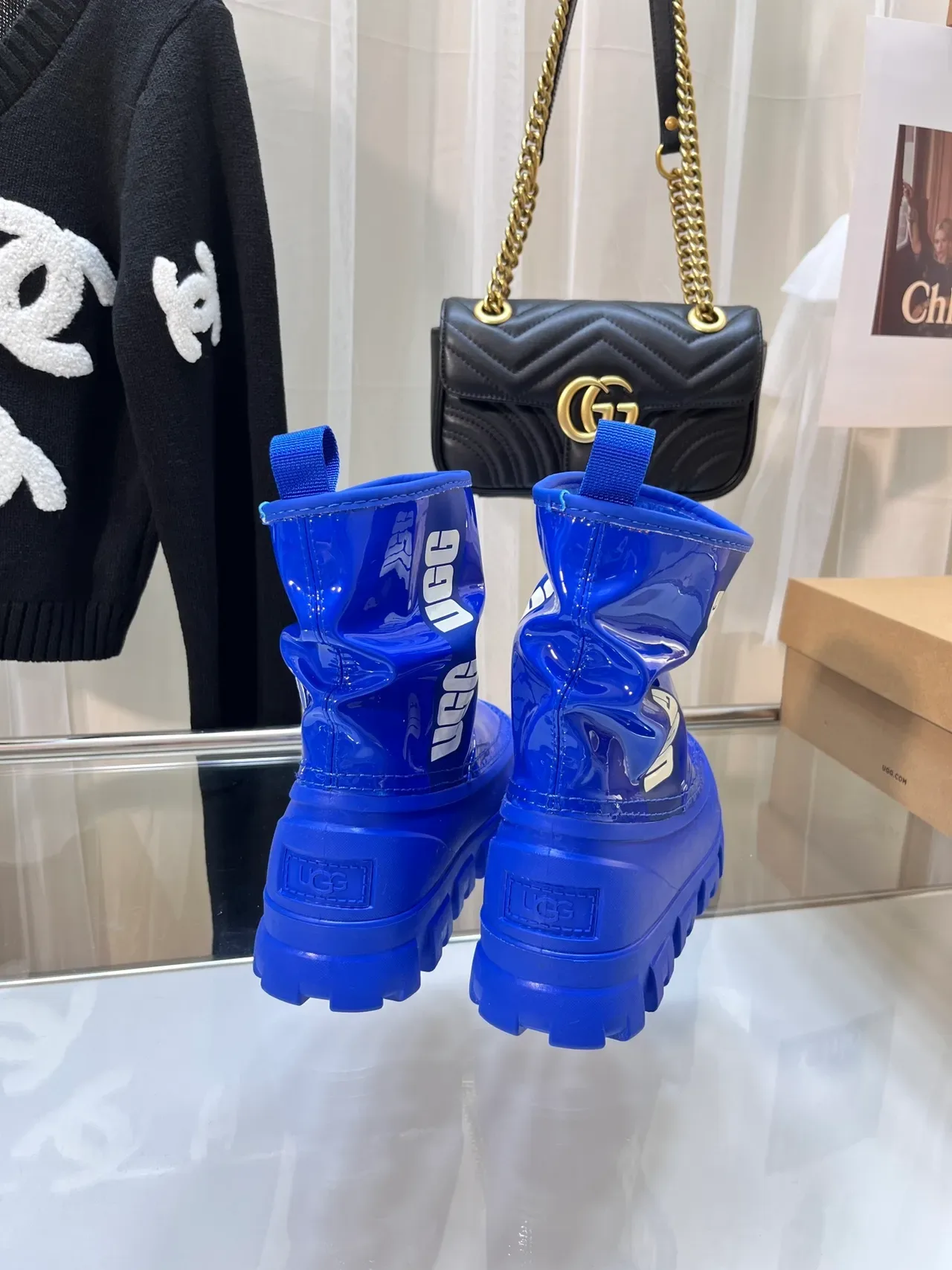 UGG Blue White Glossy Patent Rubber Chunky Lug Sole Snow Boots 4