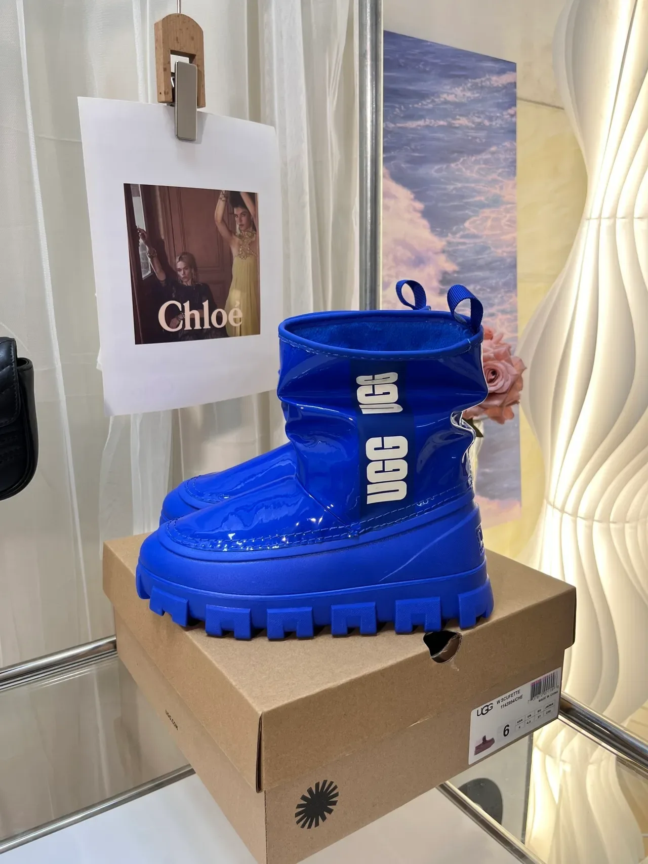 UGG Blue White Glossy Patent Rubber Chunky Lug Sole Snow Boots 5