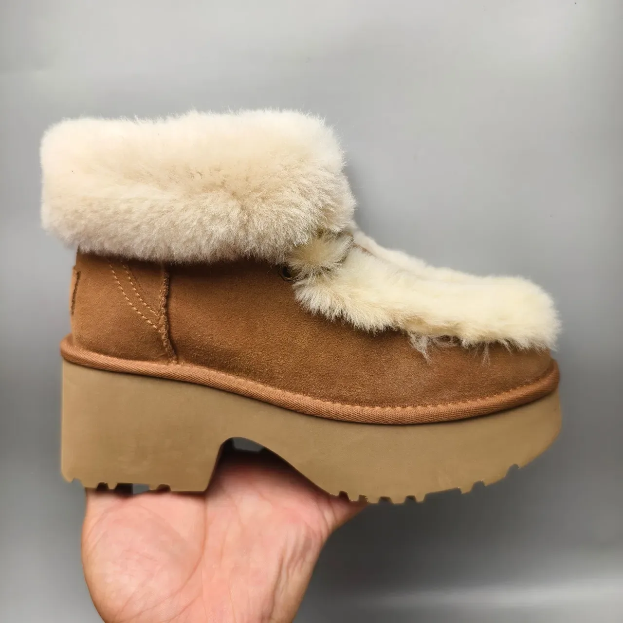 UGG Brown Beige Platform Sole Shearling-Trimmed Snow Boots 2