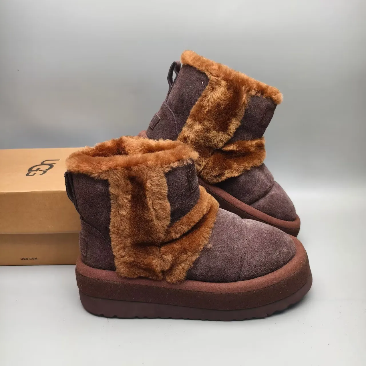 UGG Brown Beige Shearling-Lined Platform Sole Snow Boots 2
