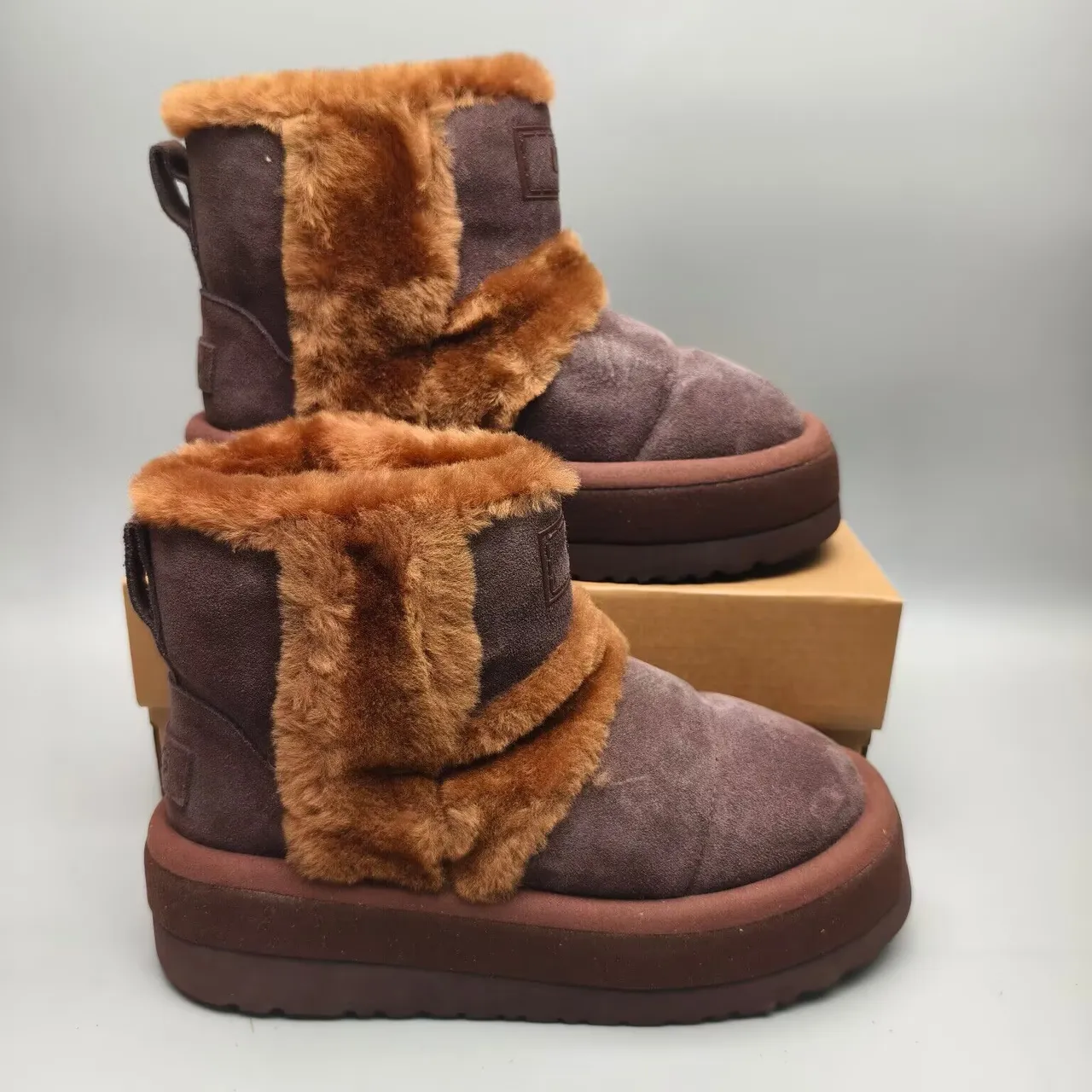UGG Brown Beige Shearling-Lined Platform Sole Snow Boots 4